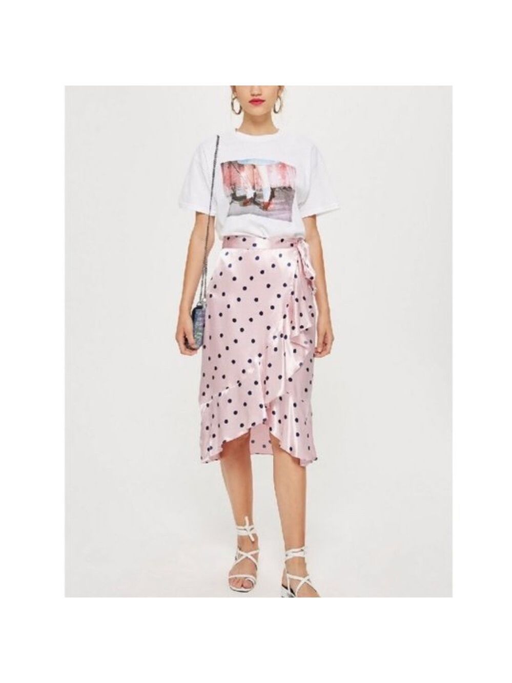 Topshop Satin Spot Ruffle Midi Skirt